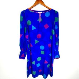 FLORA KUNG vivid blue, pink, teal 100% Silk Vintage 80s Geo print midi dress 10